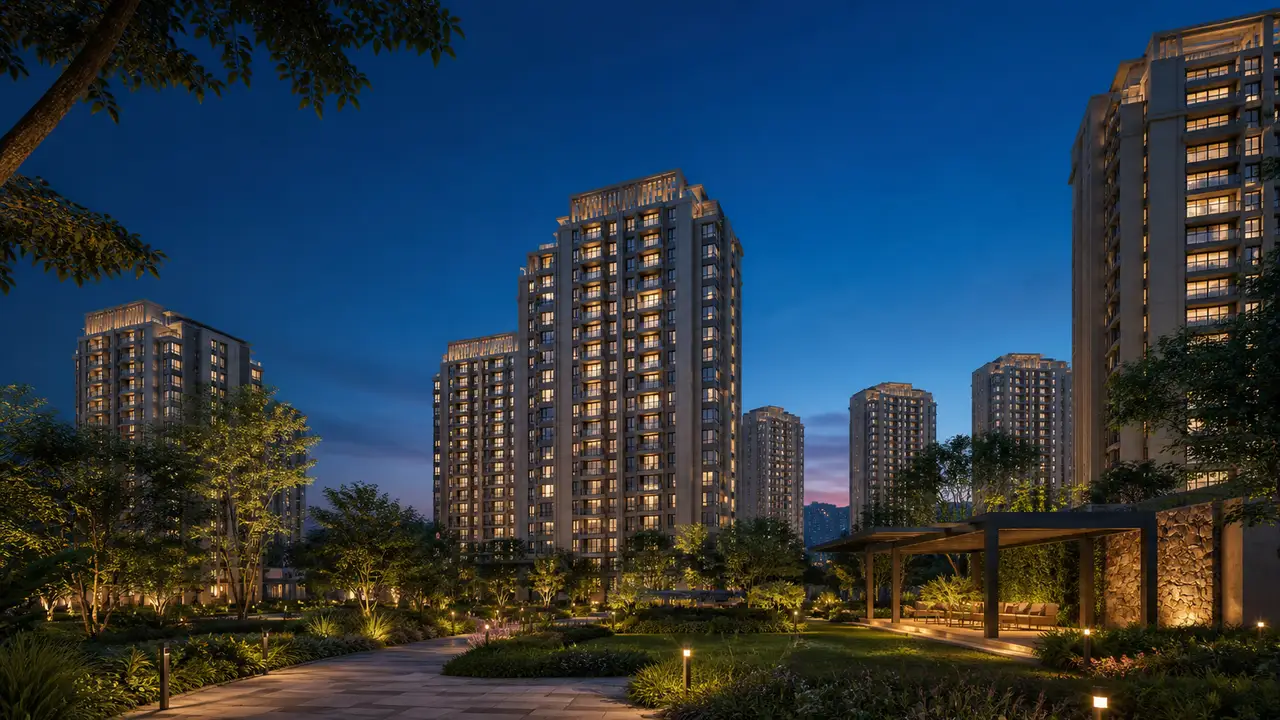 Sobha Hennur residential towers and landscape at evening